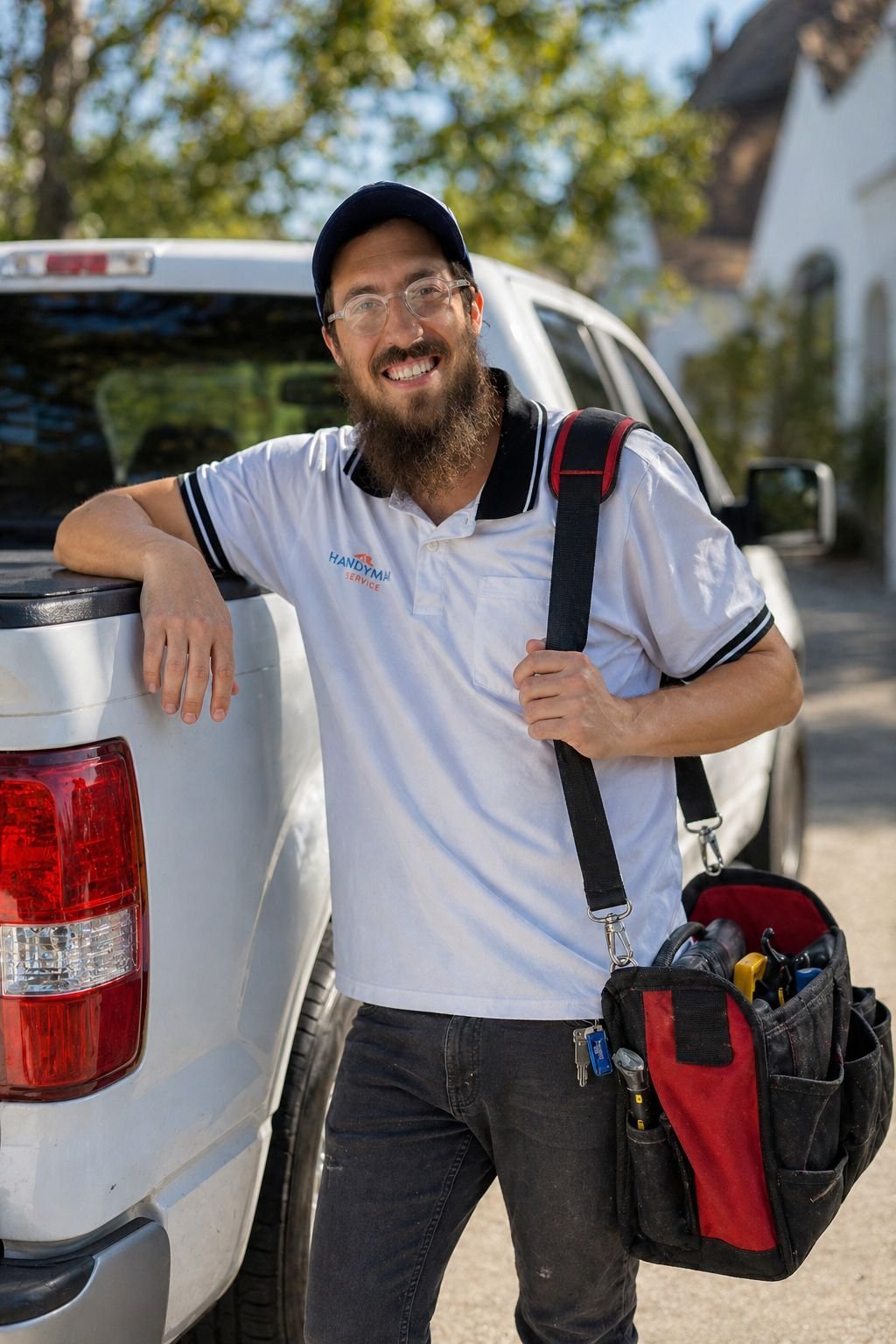 Chaim Perman, owner of Home Repairs LA, with his work truck and tool bag